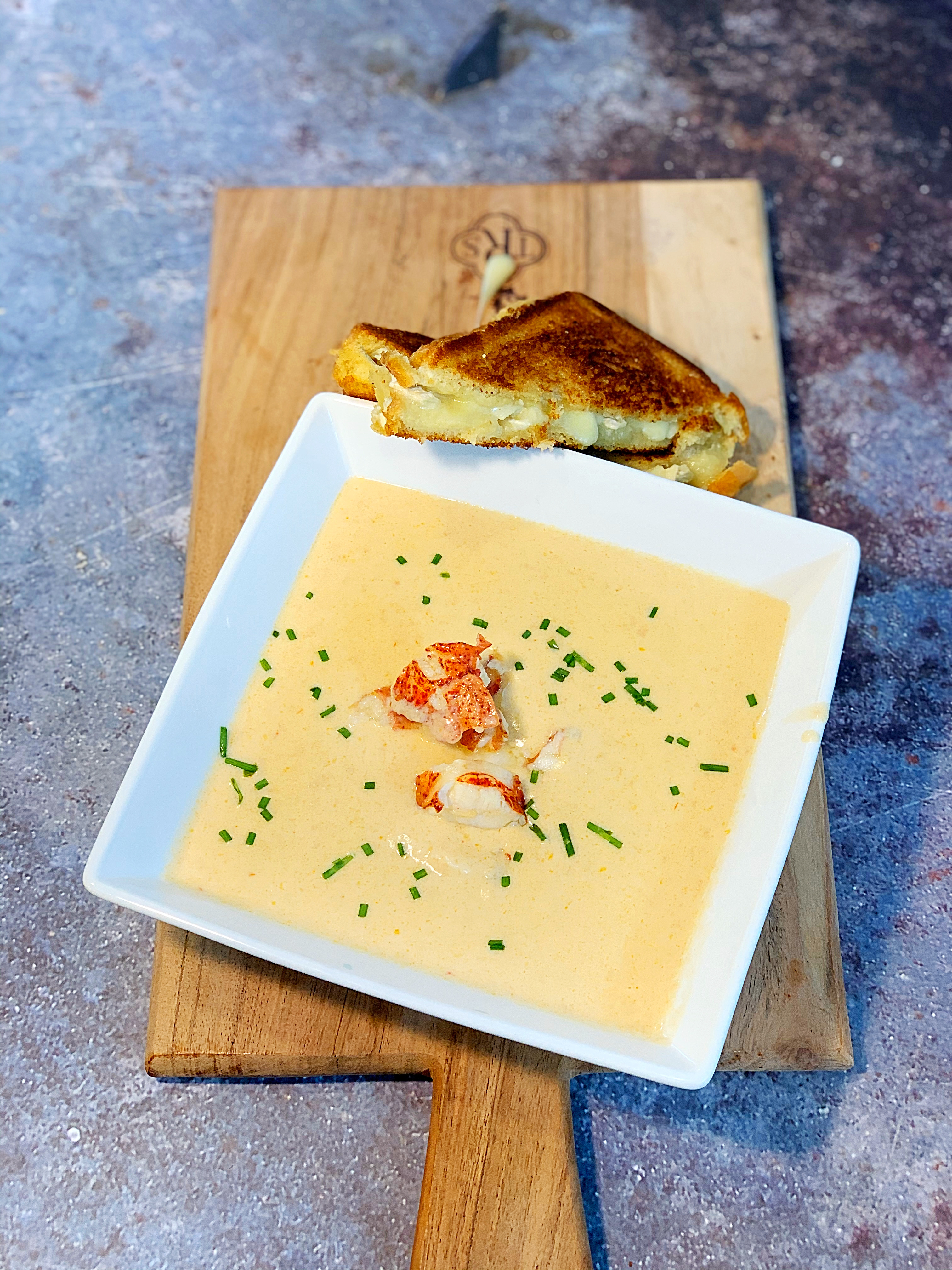 Lobster Bisque with Brie Grilled Cheese