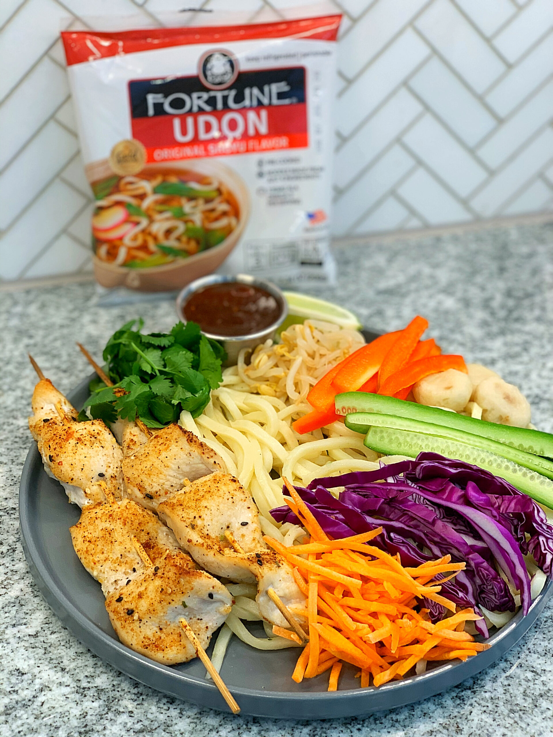 Colorful Chicken & Veggies Udon Noodles Plate